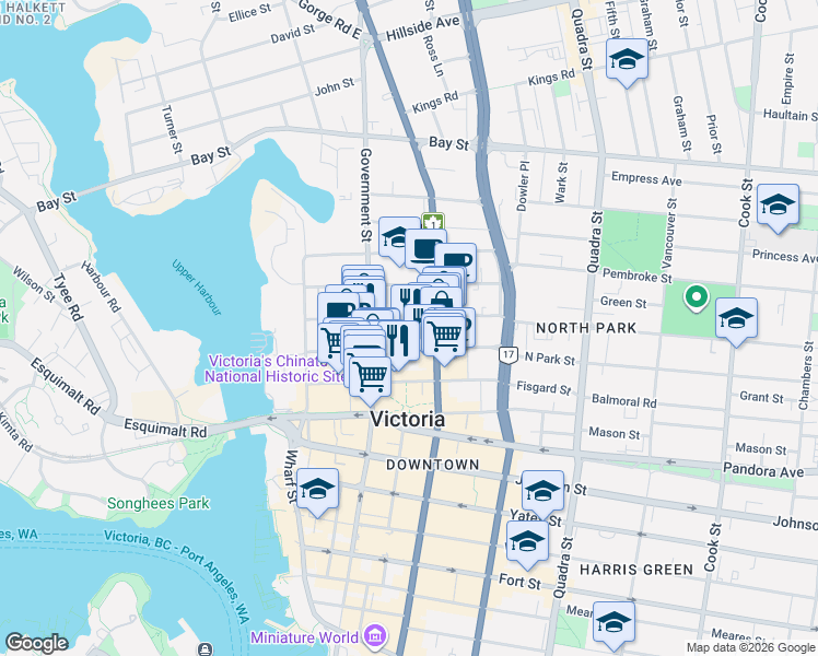 map of restaurants, bars, coffee shops, grocery stores, and more near 648 Herald Street in Victoria