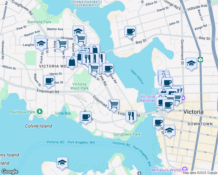map of restaurants, bars, coffee shops, grocery stores, and more near in Victoria