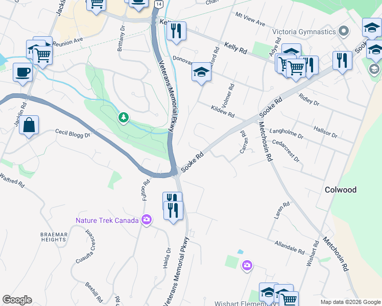 map of restaurants, bars, coffee shops, grocery stores, and more near 2341b Sooke Road in Victoria