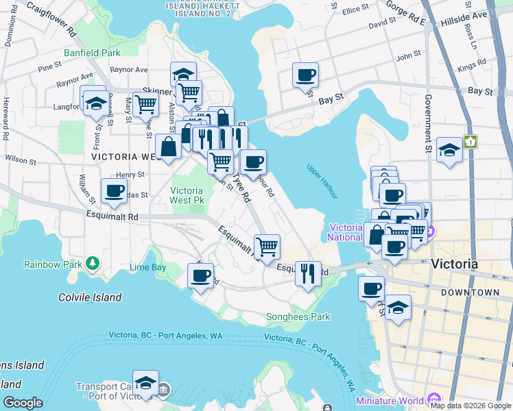 map of restaurants, bars, coffee shops, grocery stores, and more near in Victoria