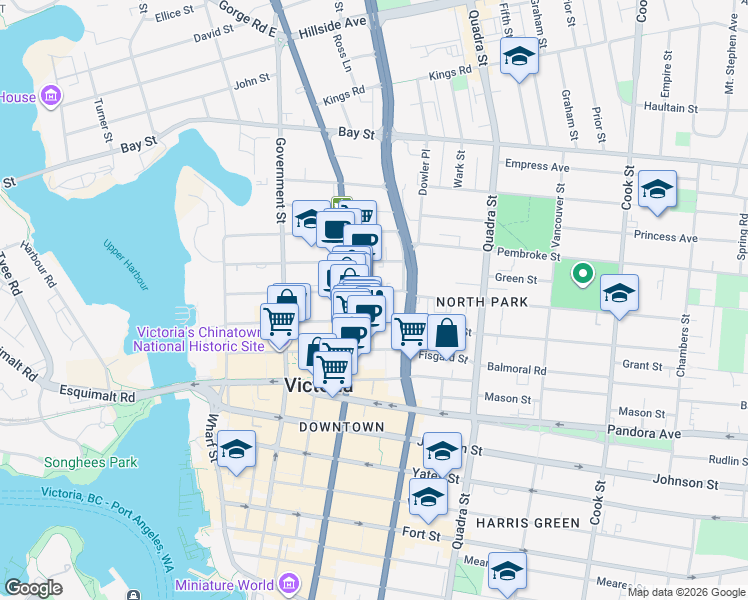 map of restaurants, bars, coffee shops, grocery stores, and more near 755 Caledonia Avenue in Victoria