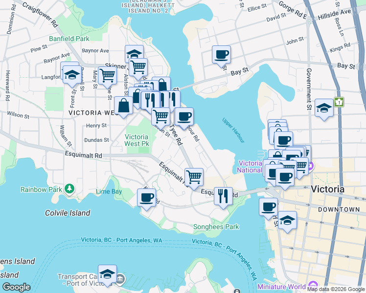 map of restaurants, bars, coffee shops, grocery stores, and more near in Victoria