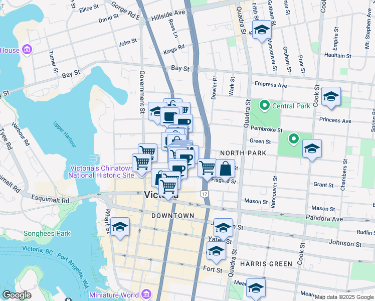 map of restaurants, bars, coffee shops, grocery stores, and more near 755 Caledonia Avenue in Victoria