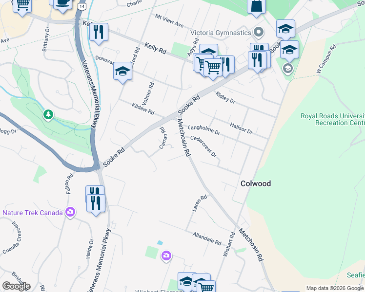 map of restaurants, bars, coffee shops, grocery stores, and more near 3132 Metchosin Road in Victoria