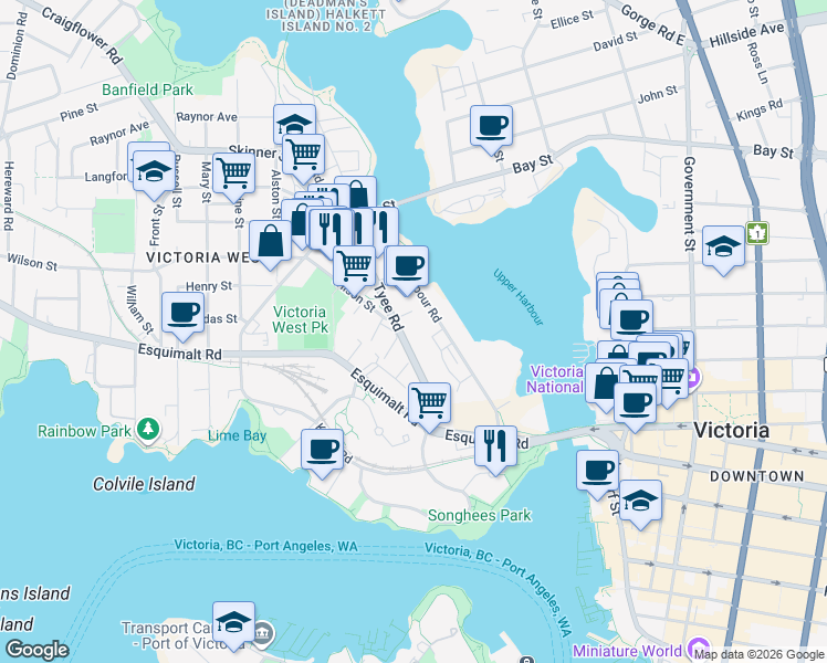map of restaurants, bars, coffee shops, grocery stores, and more near in Victoria