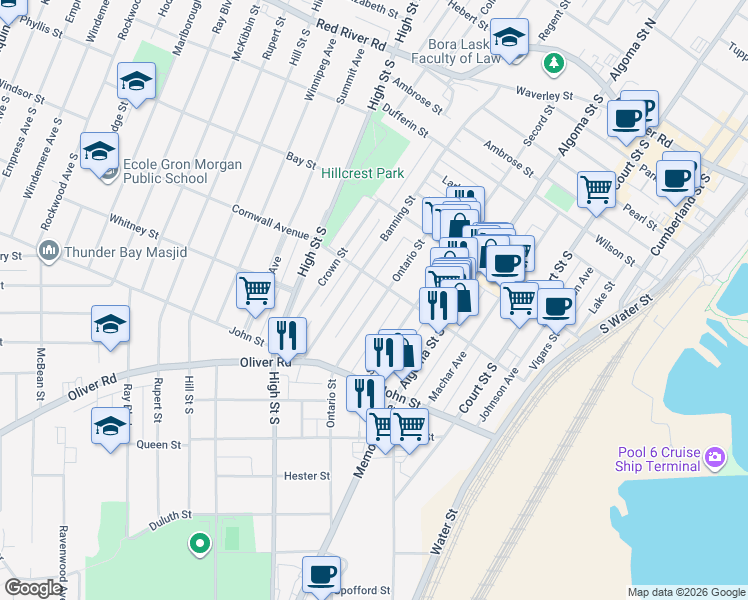 map of restaurants, bars, coffee shops, grocery stores, and more near 67 Ontario Street in Thunder Bay