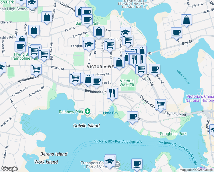 map of restaurants, bars, coffee shops, grocery stores, and more near 420 Catherine Street in Victoria