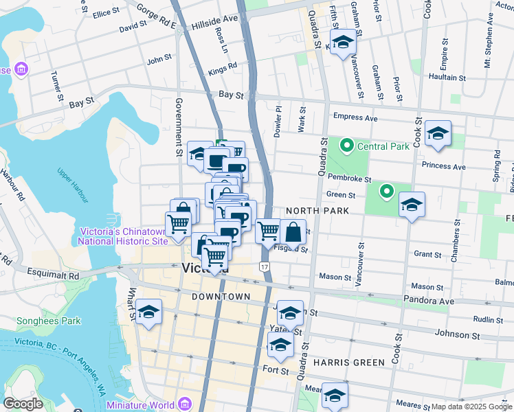 map of restaurants, bars, coffee shops, grocery stores, and more near 785 Caledonia Avenue in Victoria
