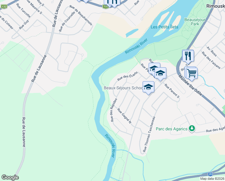 map of restaurants, bars, coffee shops, grocery stores, and more near 550 Rue des Écarts in Rimouski