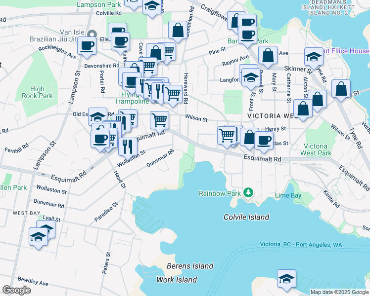 map of restaurants, bars, coffee shops, grocery stores, and more near 724 Sea Terrace in Victoria
