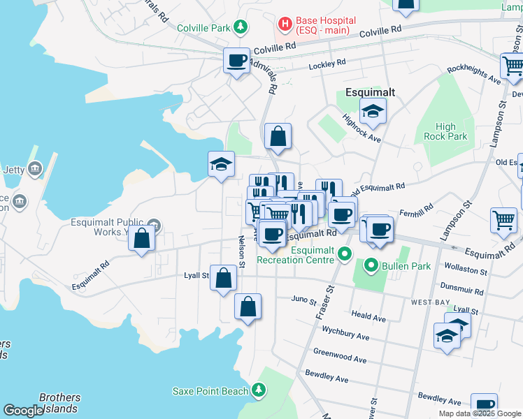 map of restaurants, bars, coffee shops, grocery stores, and more near 625 Constance Avenue in Victoria