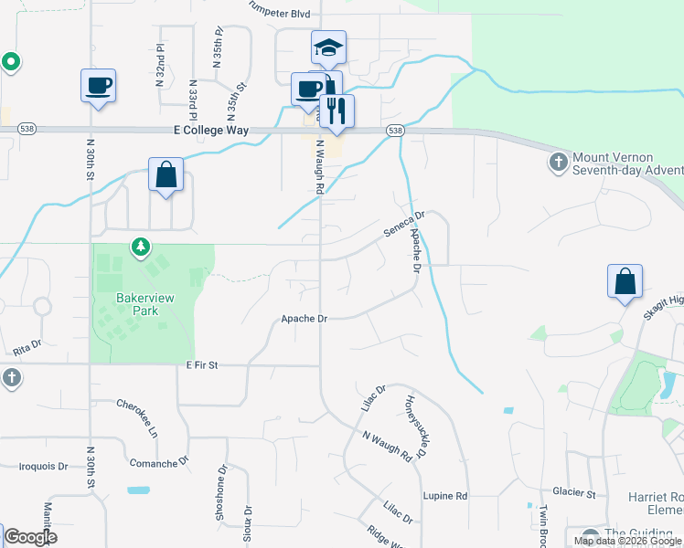 map of restaurants, bars, coffee shops, grocery stores, and more near 1110 Hopi Lane in Mount Vernon