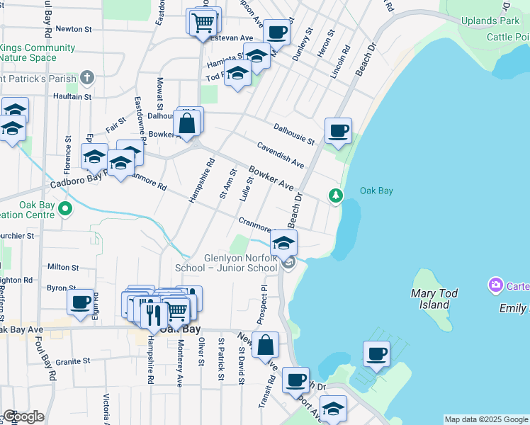 map of restaurants, bars, coffee shops, grocery stores, and more near 1859 Monteith Street in Victoria