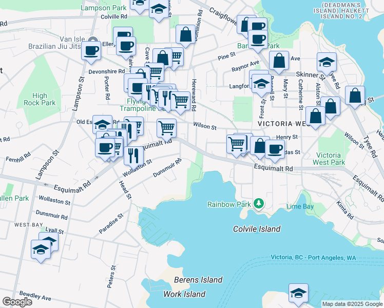 map of restaurants, bars, coffee shops, grocery stores, and more near in Victoria