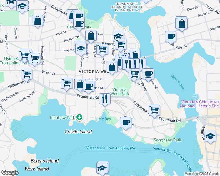 map of restaurants, bars, coffee shops, grocery stores, and more near 55 Bay Street in Victoria