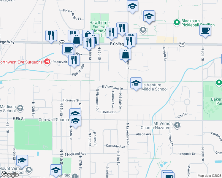 map of restaurants, bars, coffee shops, grocery stores, and more near 1131 Carmel Avenue in Mount Vernon