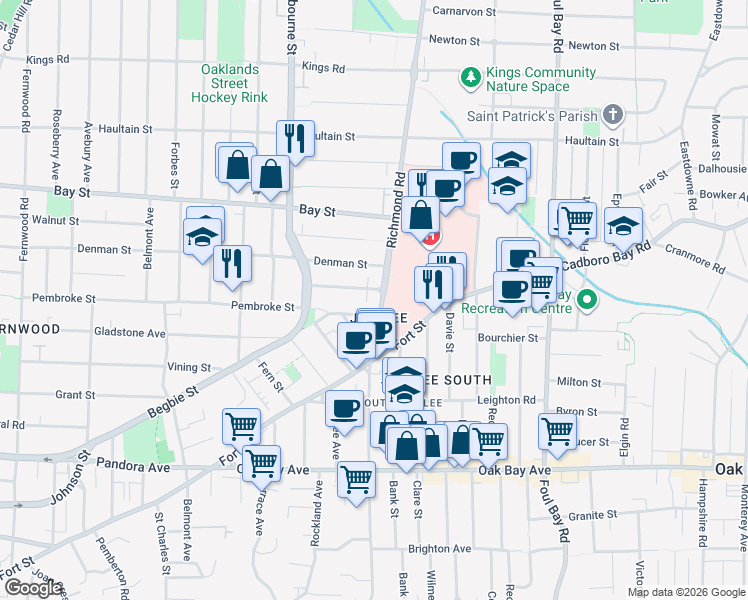 map of restaurants, bars, coffee shops, grocery stores, and more near 2116 Richmond Road in Victoria