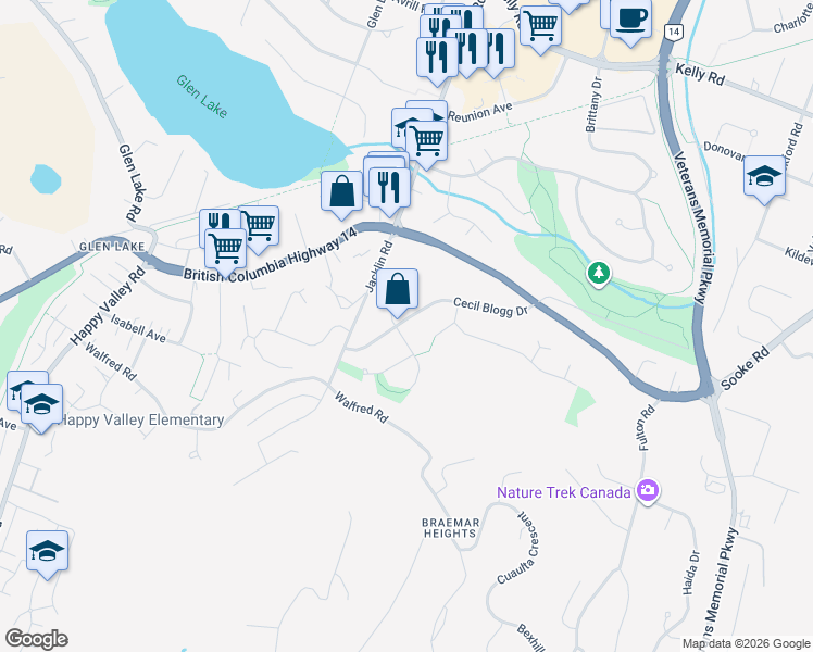 map of restaurants, bars, coffee shops, grocery stores, and more near 866 Cecil Blogg Drive in Victoria