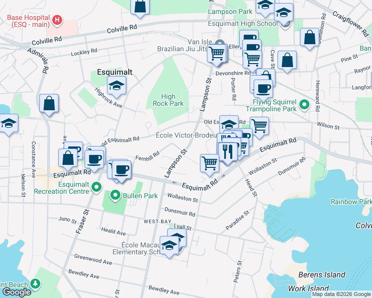 map of restaurants, bars, coffee shops, grocery stores, and more near Lampson Street in Victoria