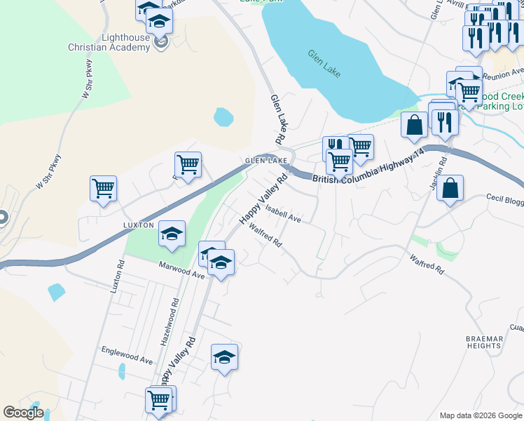 map of restaurants, bars, coffee shops, grocery stores, and more near 3235 Happy Valley Road in Victoria