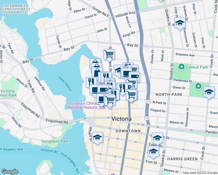map of restaurants, bars, coffee shops, grocery stores, and more near 2000 Government Street in Victoria
