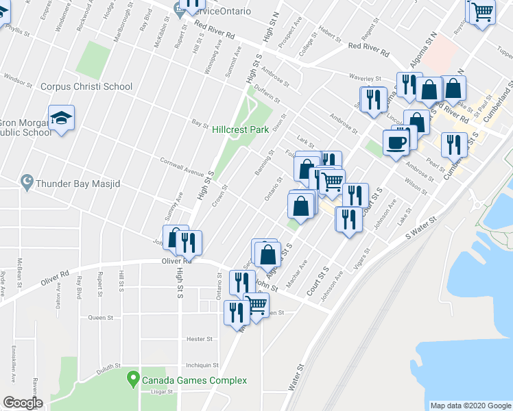 map of restaurants, bars, coffee shops, grocery stores, and more near 131 Banning Street in Thunder Bay