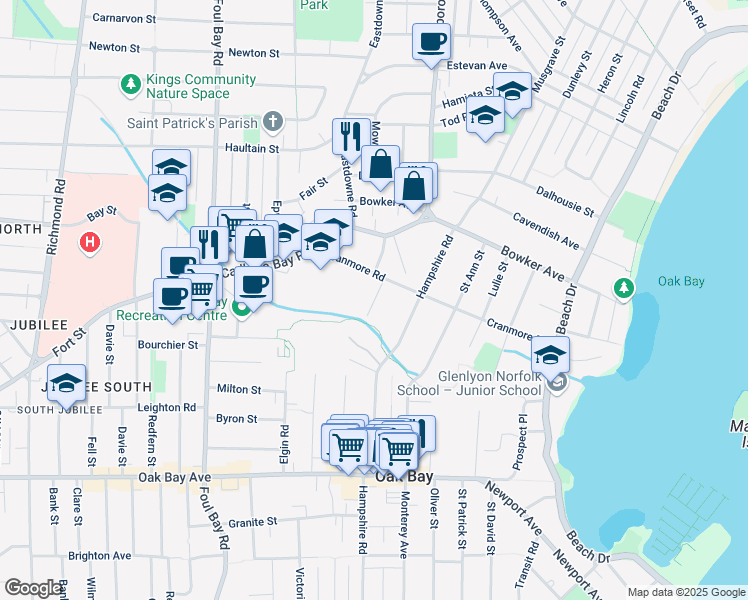 map of restaurants, bars, coffee shops, grocery stores, and more near 1752 Armstrong Avenue in Victoria