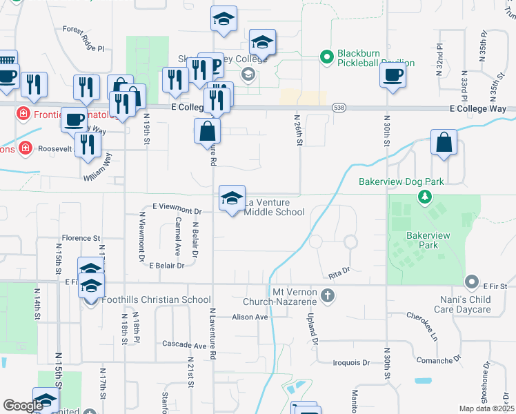 map of restaurants, bars, coffee shops, grocery stores, and more near 1200 North Laventure Road in Mount Vernon