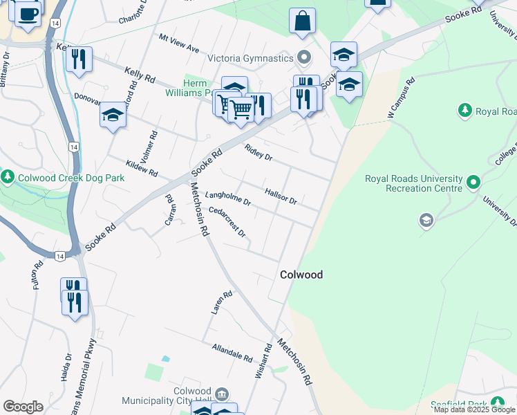 map of restaurants, bars, coffee shops, grocery stores, and more near Langholme Drive in Victoria