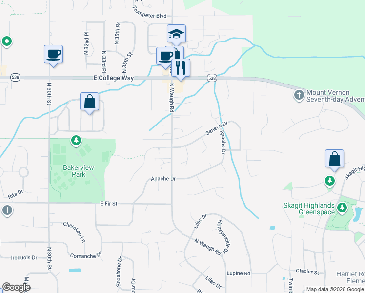 map of restaurants, bars, coffee shops, grocery stores, and more near Seneca Drive in Mount Vernon