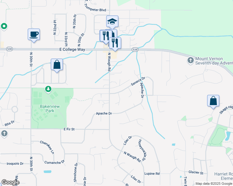map of restaurants, bars, coffee shops, grocery stores, and more near Seneca Drive in Mount Vernon