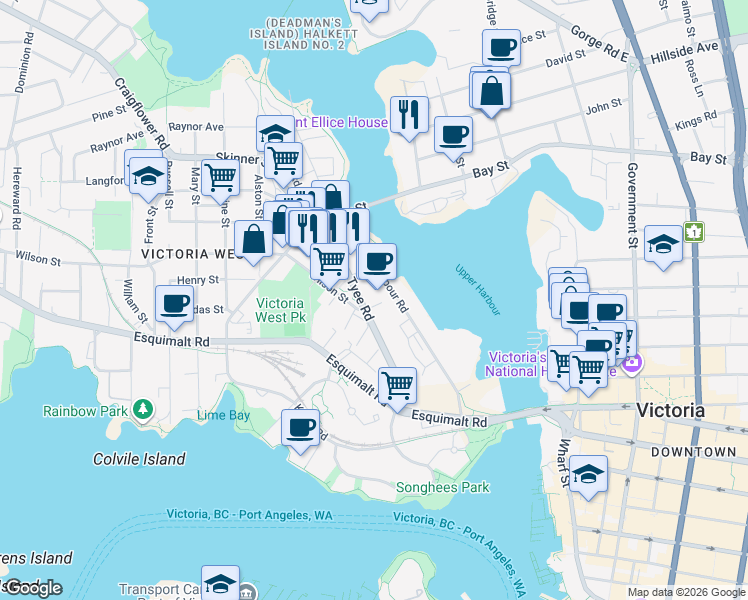 map of restaurants, bars, coffee shops, grocery stores, and more near 389 Tyee Road in Victoria