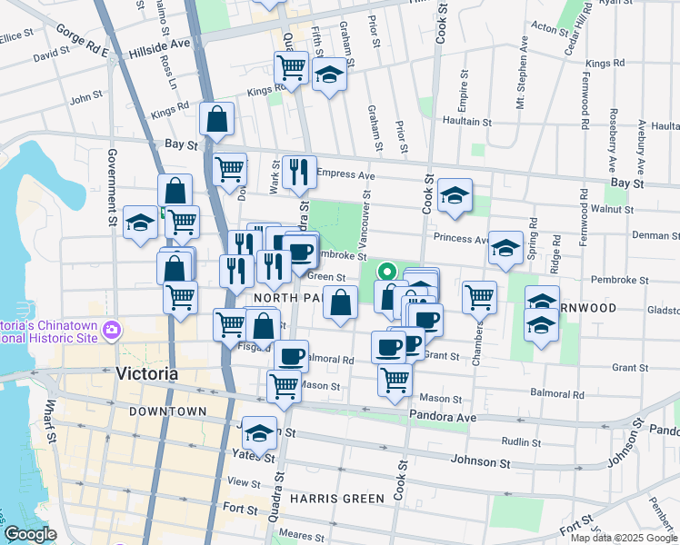 map of restaurants, bars, coffee shops, grocery stores, and more near 942 Green Street in Victoria
