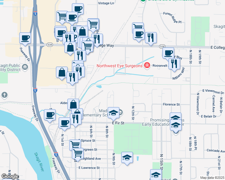 map of restaurants, bars, coffee shops, grocery stores, and more near 1221 North 9th Street in Mount Vernon