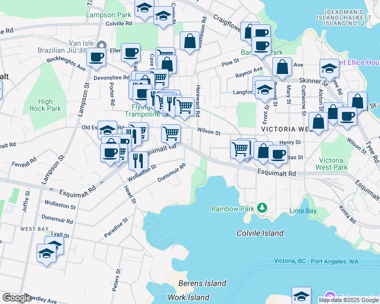 map of restaurants, bars, coffee shops, grocery stores, and more near 802 Esquimalt Road East in Victoria