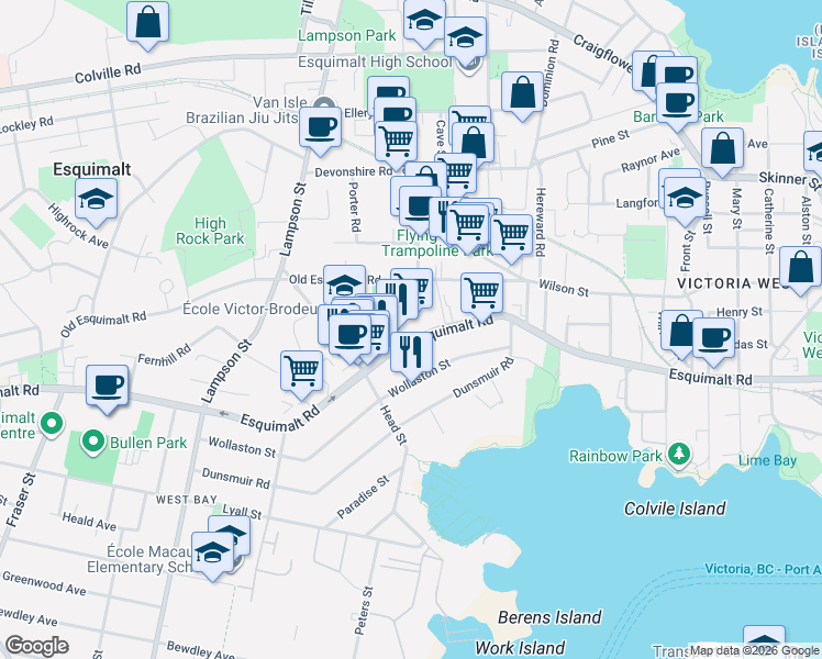 map of restaurants, bars, coffee shops, grocery stores, and more near in Victoria