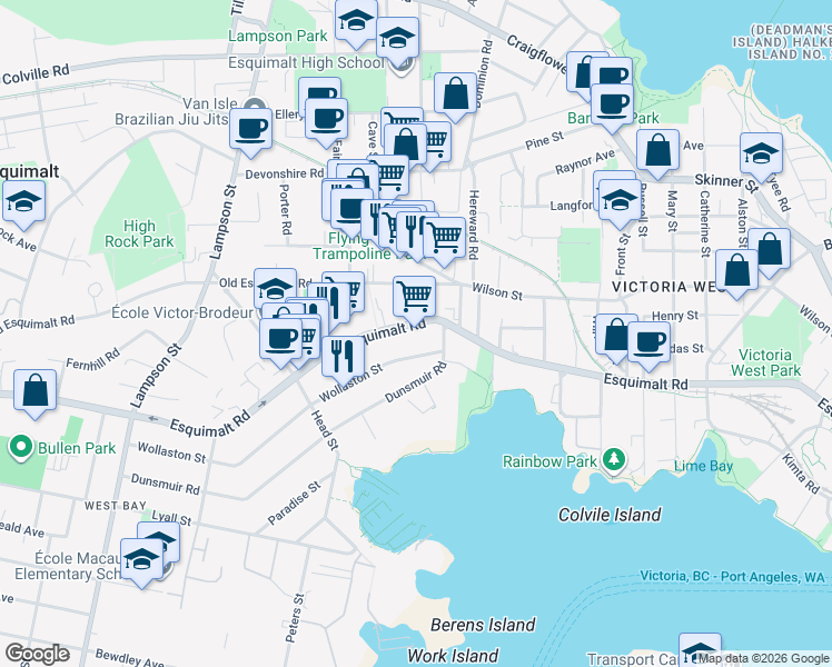 map of restaurants, bars, coffee shops, grocery stores, and more near 819 Esquimalt Road in Victoria