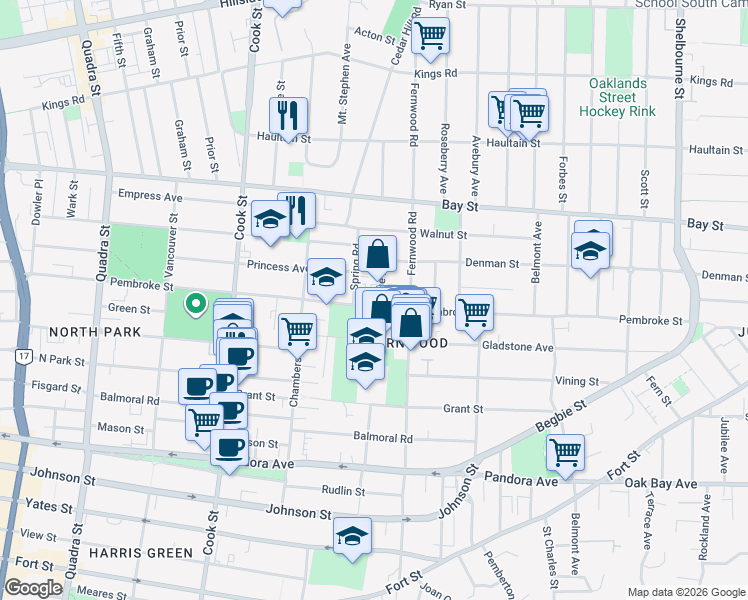 map of restaurants, bars, coffee shops, grocery stores, and more near 2131 Spring Road in Victoria