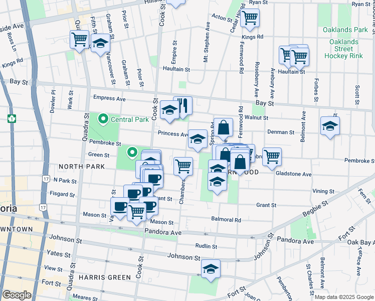 map of restaurants, bars, coffee shops, grocery stores, and more near Pembroke Street in Victoria