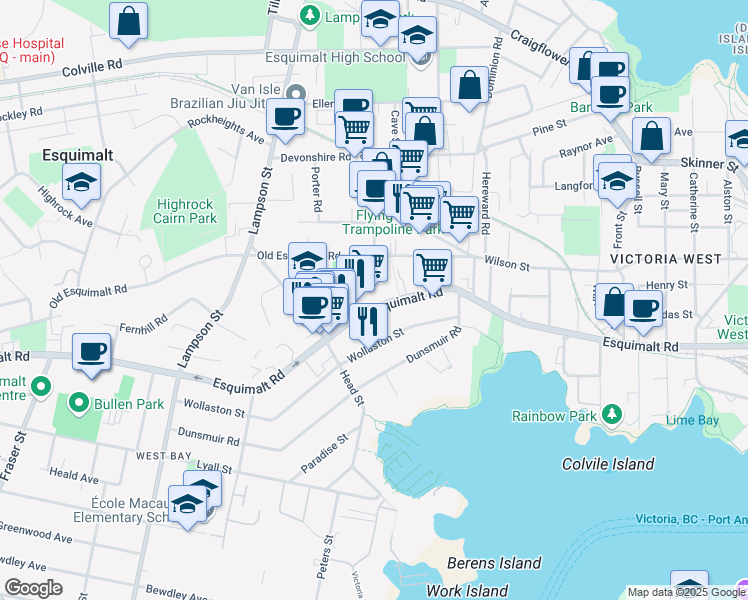 map of restaurants, bars, coffee shops, grocery stores, and more near 852 Esquimalt Road in Victoria