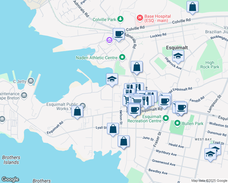 map of restaurants, bars, coffee shops, grocery stores, and more near 1346 Saunders Street in Victoria