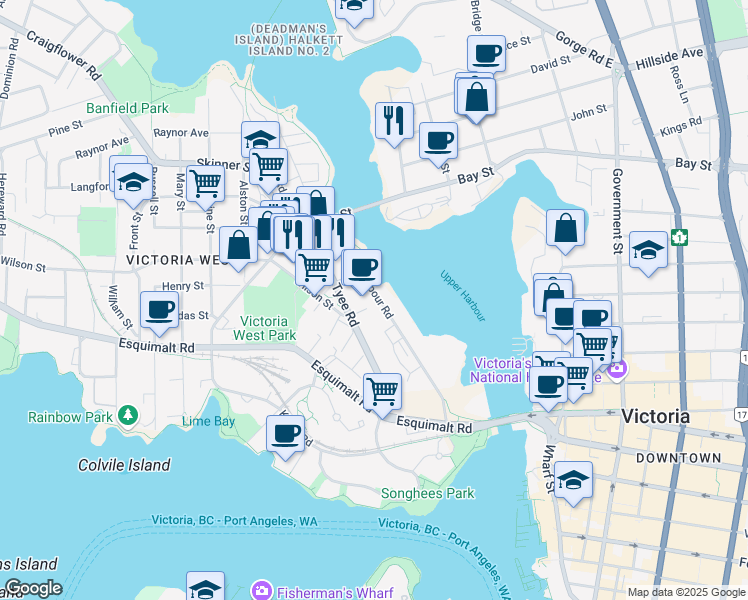 map of restaurants, bars, coffee shops, grocery stores, and more near 380 Harbour Road in Victoria