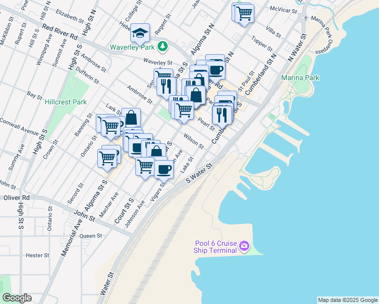 map of restaurants, bars, coffee shops, grocery stores, and more near 218 Manitou Street in Thunder Bay