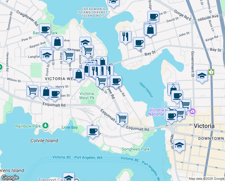 map of restaurants, bars, coffee shops, grocery stores, and more near 150 Wilson Street in Victoria