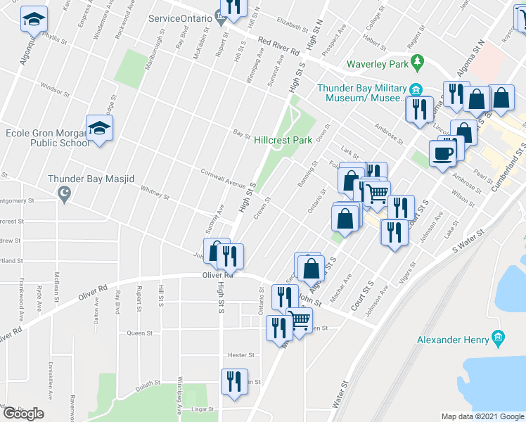 map of restaurants, bars, coffee shops, grocery stores, and more near 61 Crown Street in Thunder Bay