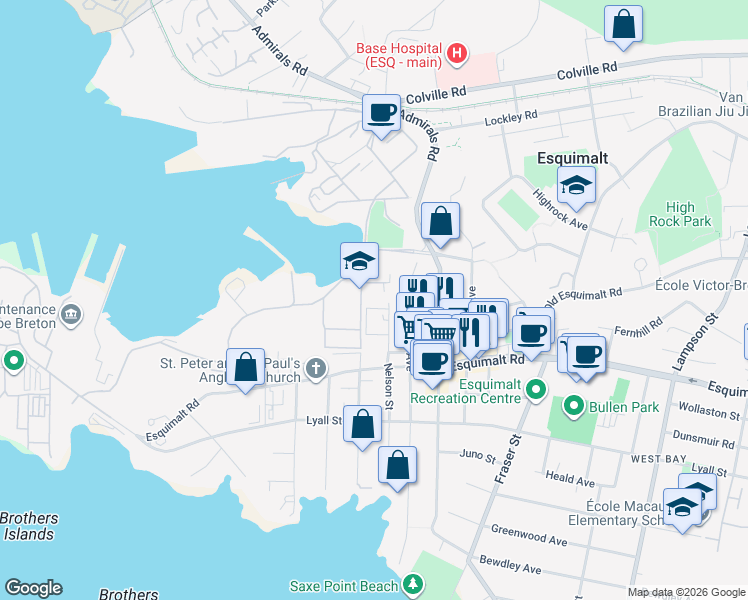 map of restaurants, bars, coffee shops, grocery stores, and more near 1344 Saunders Street in Victoria