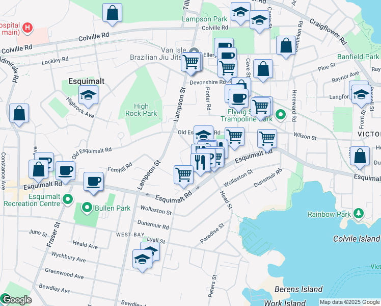 map of restaurants, bars, coffee shops, grocery stores, and more near 644 Head Street in Victoria