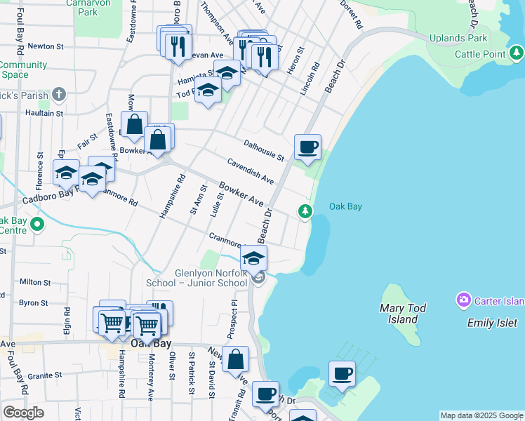 map of restaurants, bars, coffee shops, grocery stores, and more near 1960 Beach Drive in Victoria
