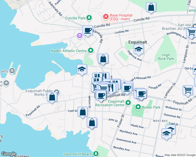 map of restaurants, bars, coffee shops, grocery stores, and more near 646 Admirals Road in Victoria