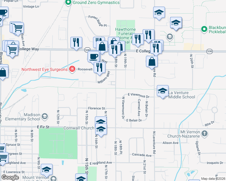map of restaurants, bars, coffee shops, grocery stores, and more near 1219 North 18th Street in Mount Vernon